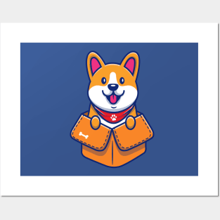 Cute Corgi Plalying In Box Cartoon Posters and Art